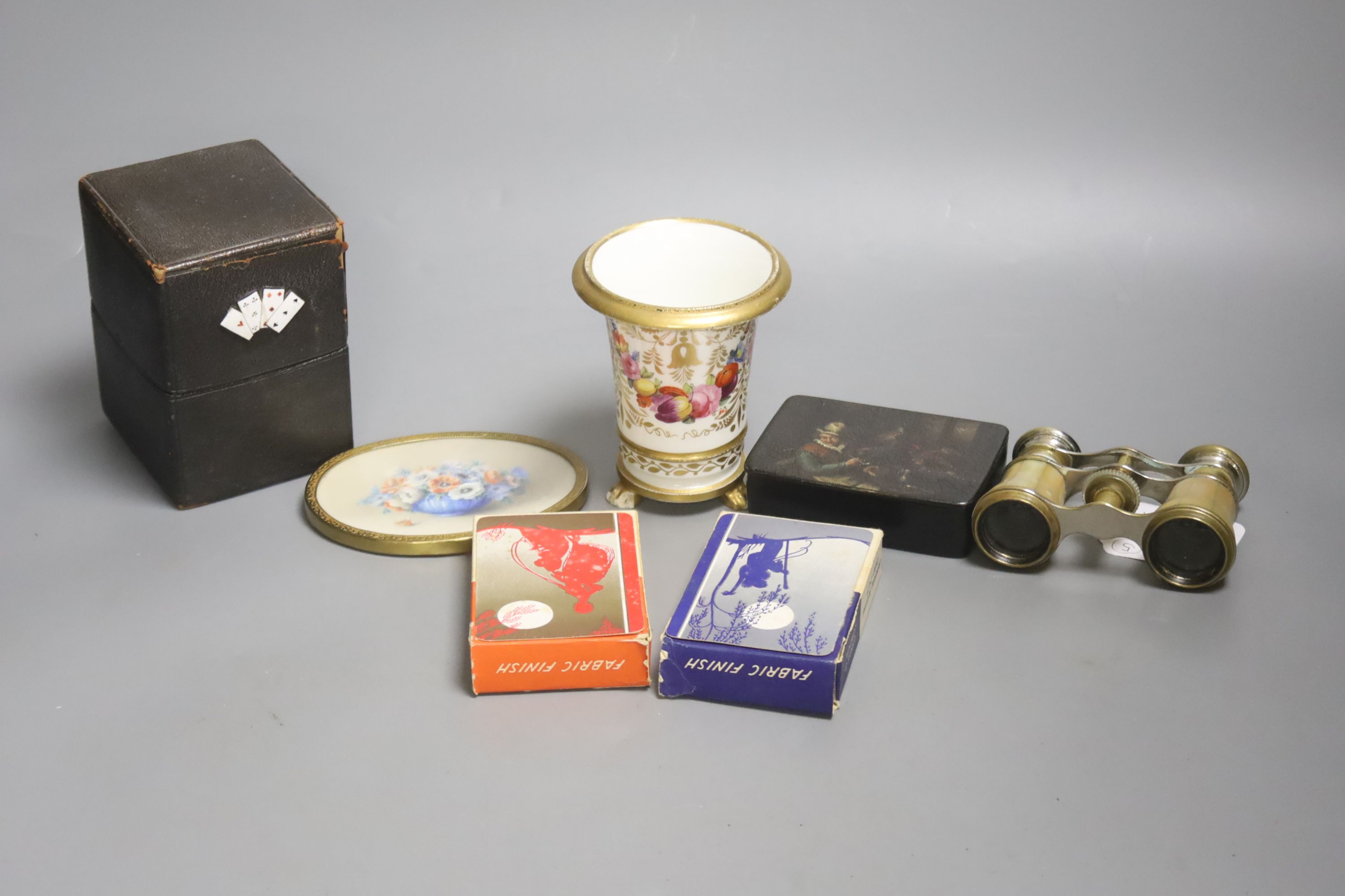 A group of curios including a card box, opera glasses, a papier mache snuff box, a Derby style vase and M. Pitcairn miniature of flowers